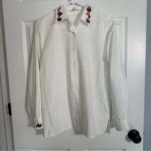 Vintage Foxcroft sz 10 white Christmas blouse, embroidered, holiday, ornaments